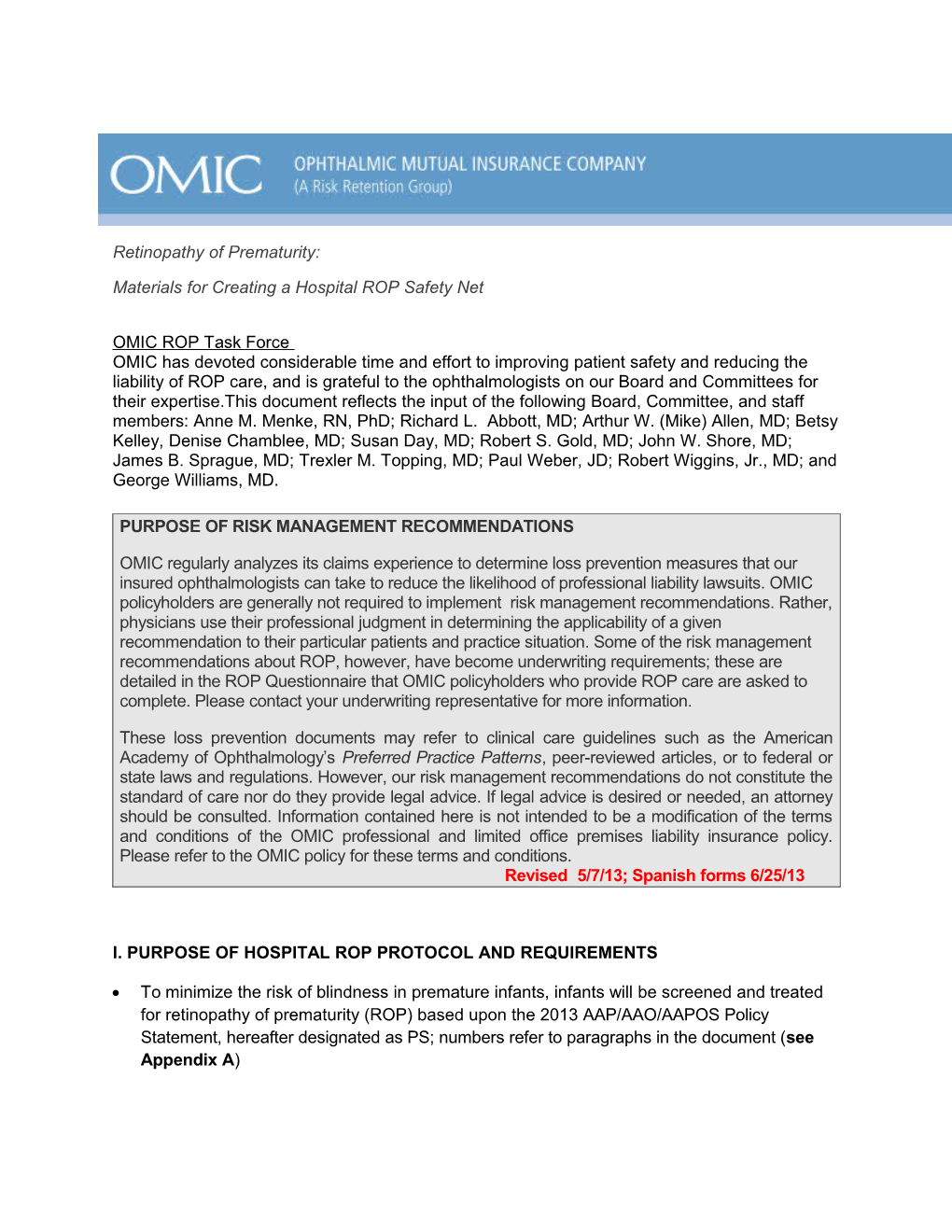 Materials for Creating a Hospital ROP Safety Net