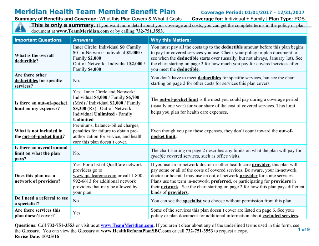 Meridian Health Team Member Benefit Plancoverage Period: 01/01/2017 12/31/2017