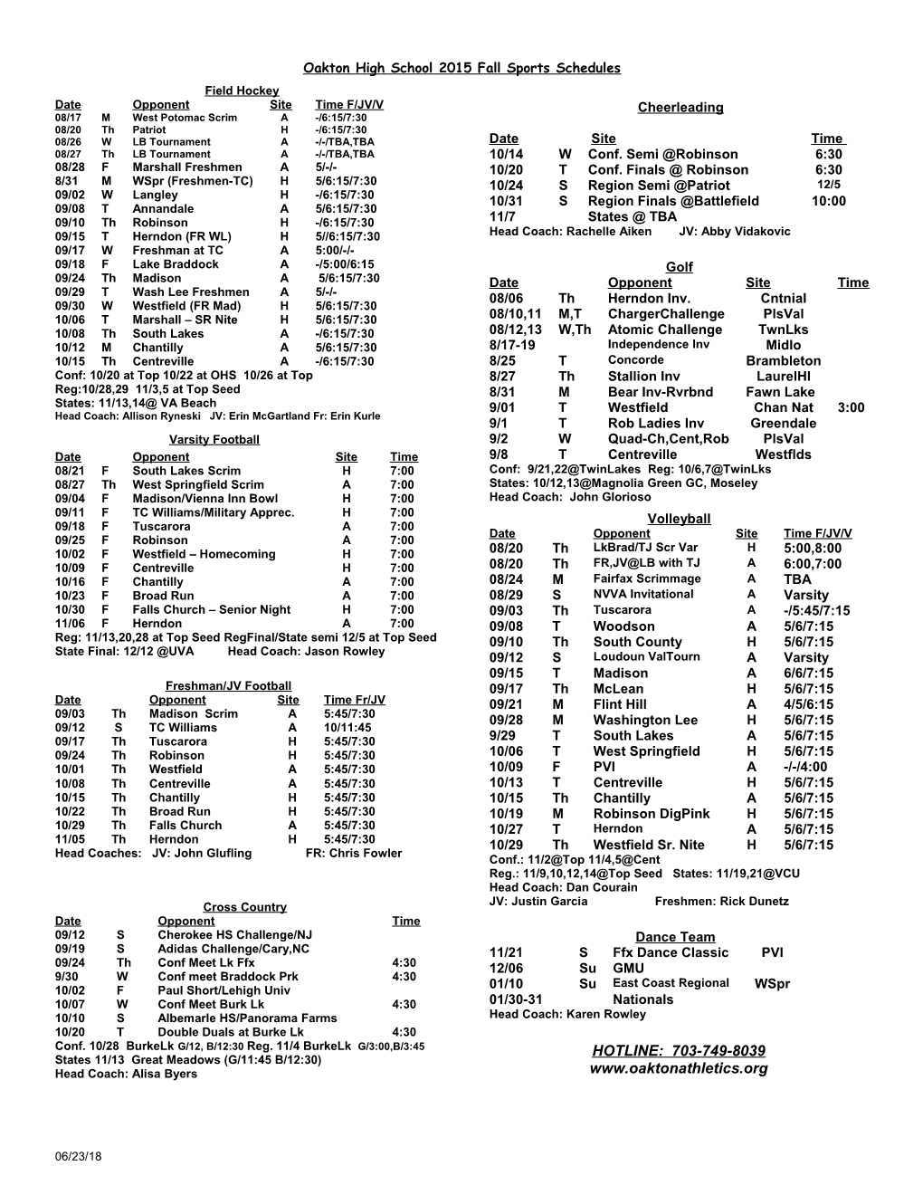 Oakton High School 2015 Fall Sports Schedules
