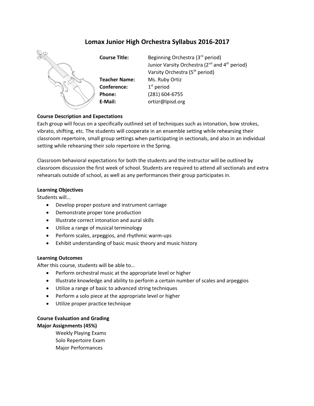 Lomax Junior High Orchestra Syllabus 2016-2017