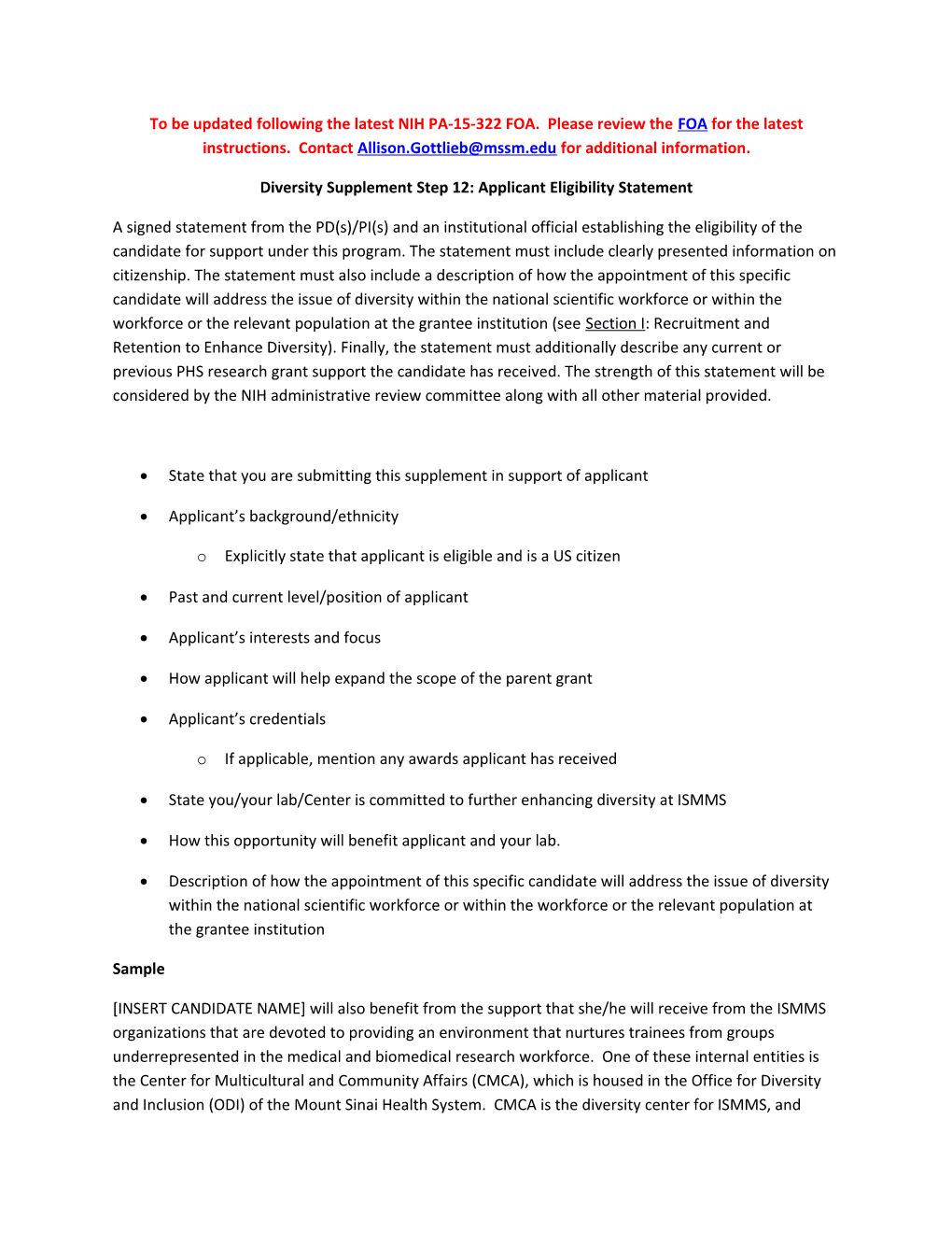 Diversity Supplement Step 12: Applicant Eligibility Statement