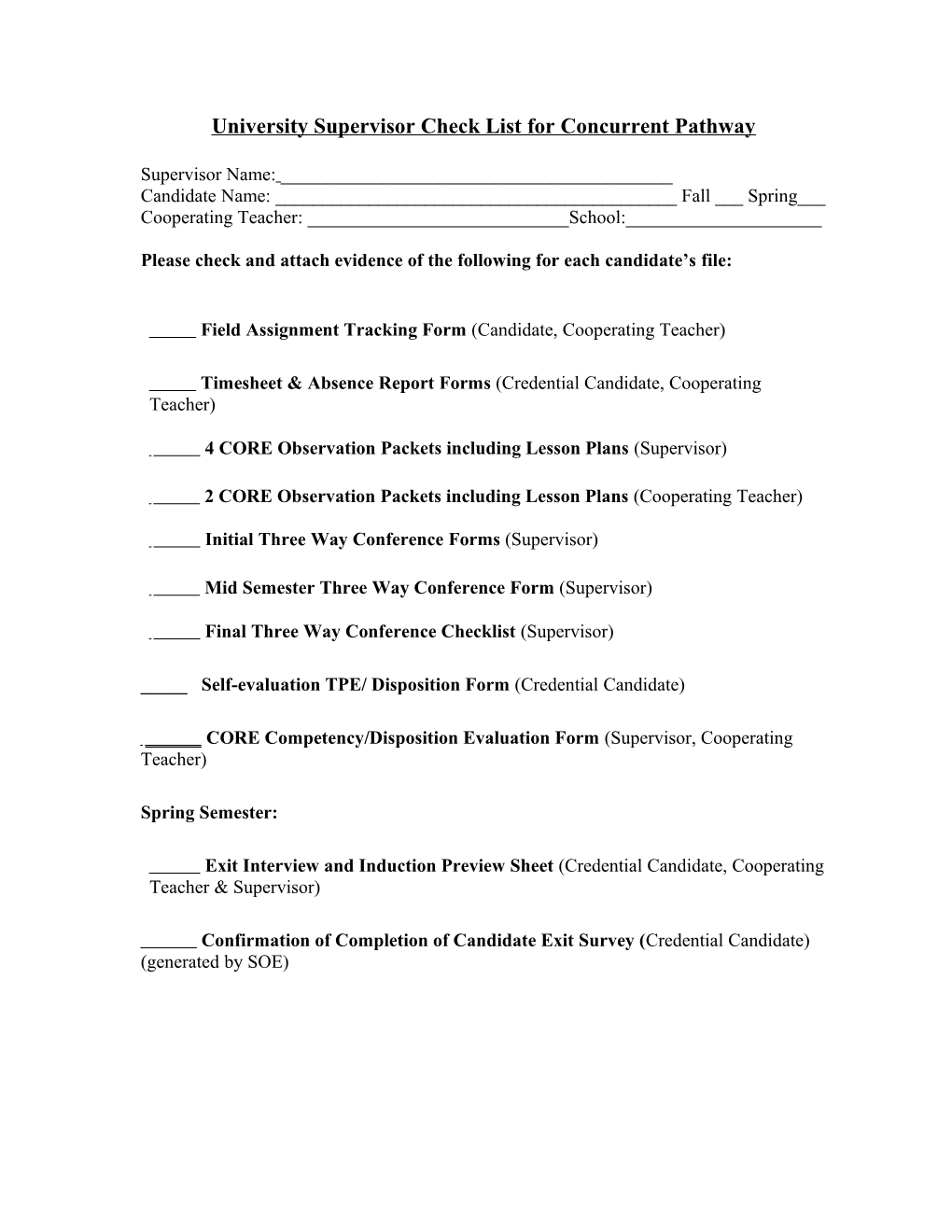 University Supervisor Check List for Concurrent Pathway