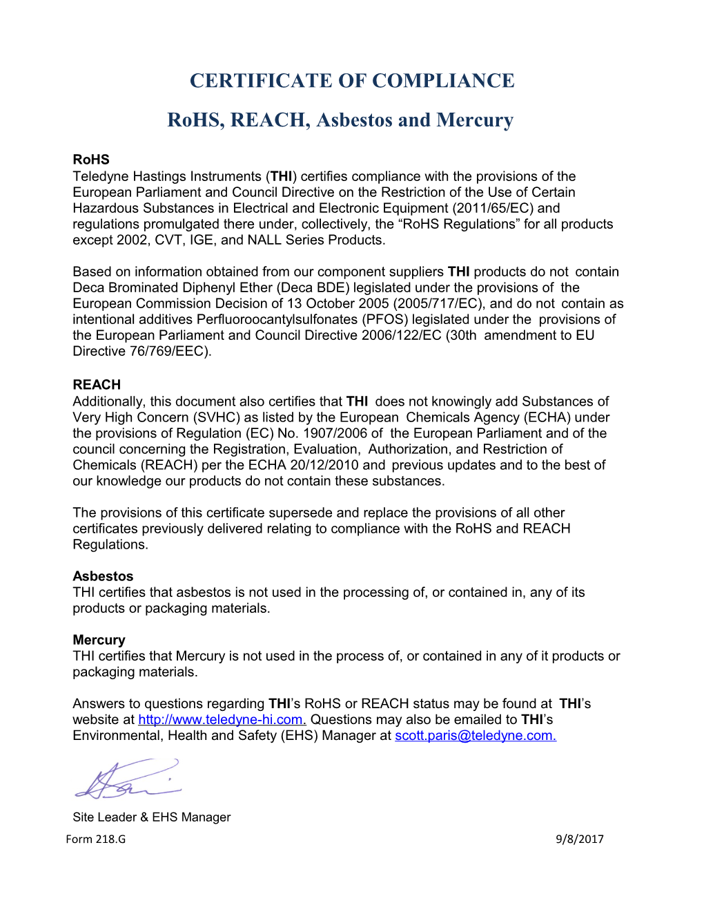 Rohs and REACH Certificate of Compliance Form 218 Rev B