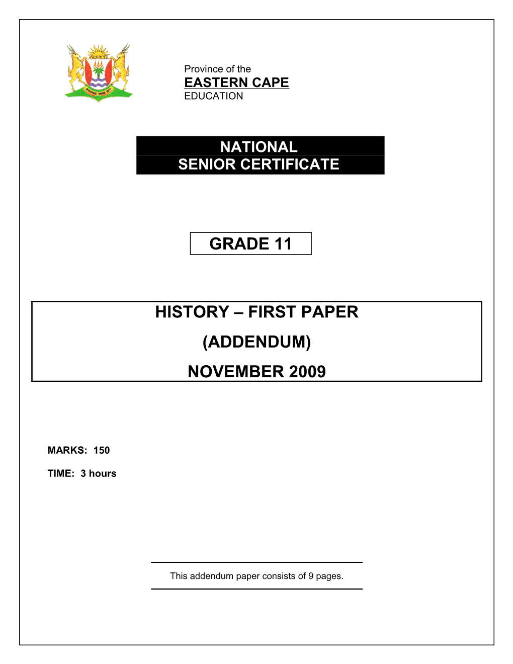 (November 2009) History First Paper 9