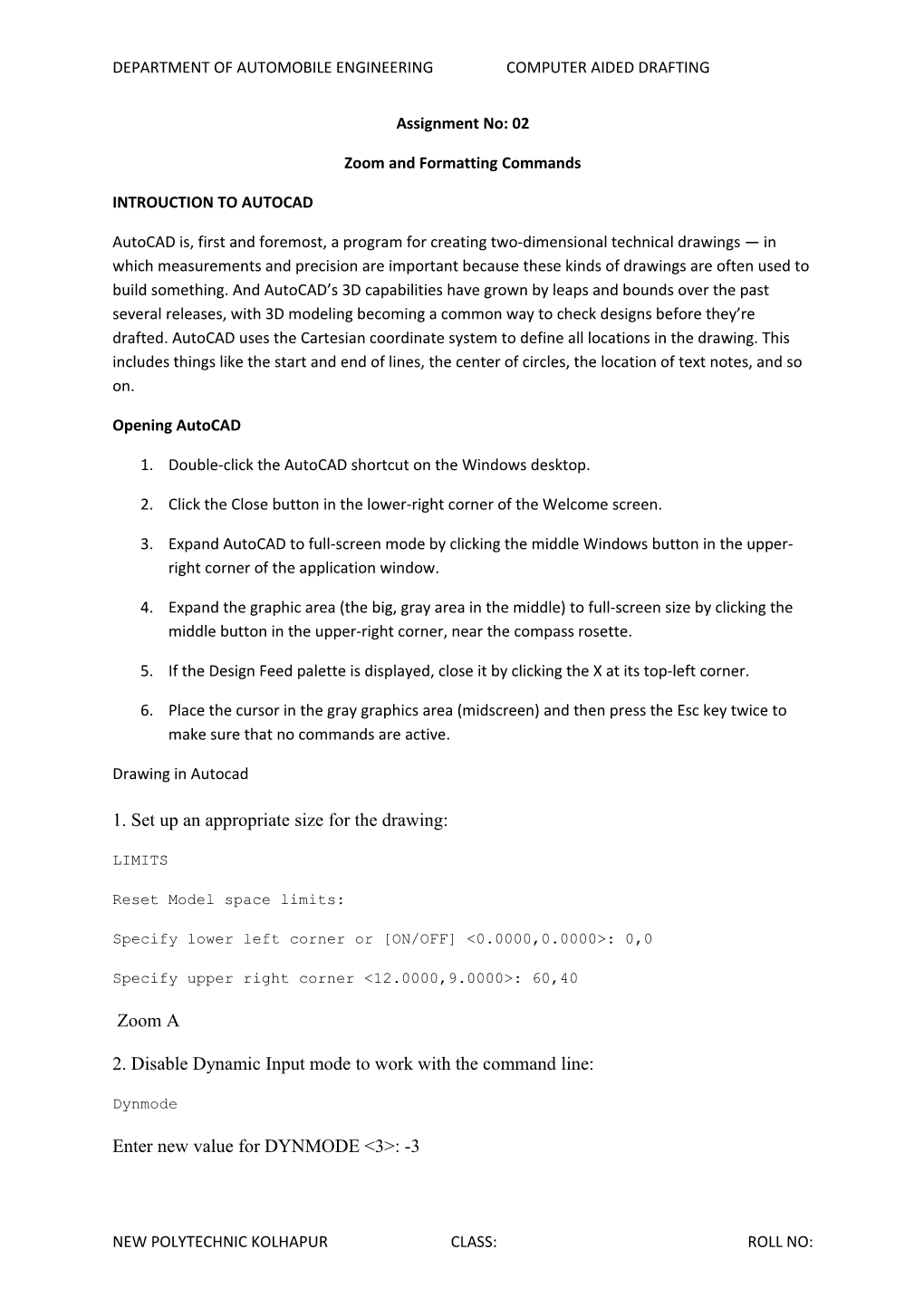 Department of Automobile Engineering Computer Aided Drafting