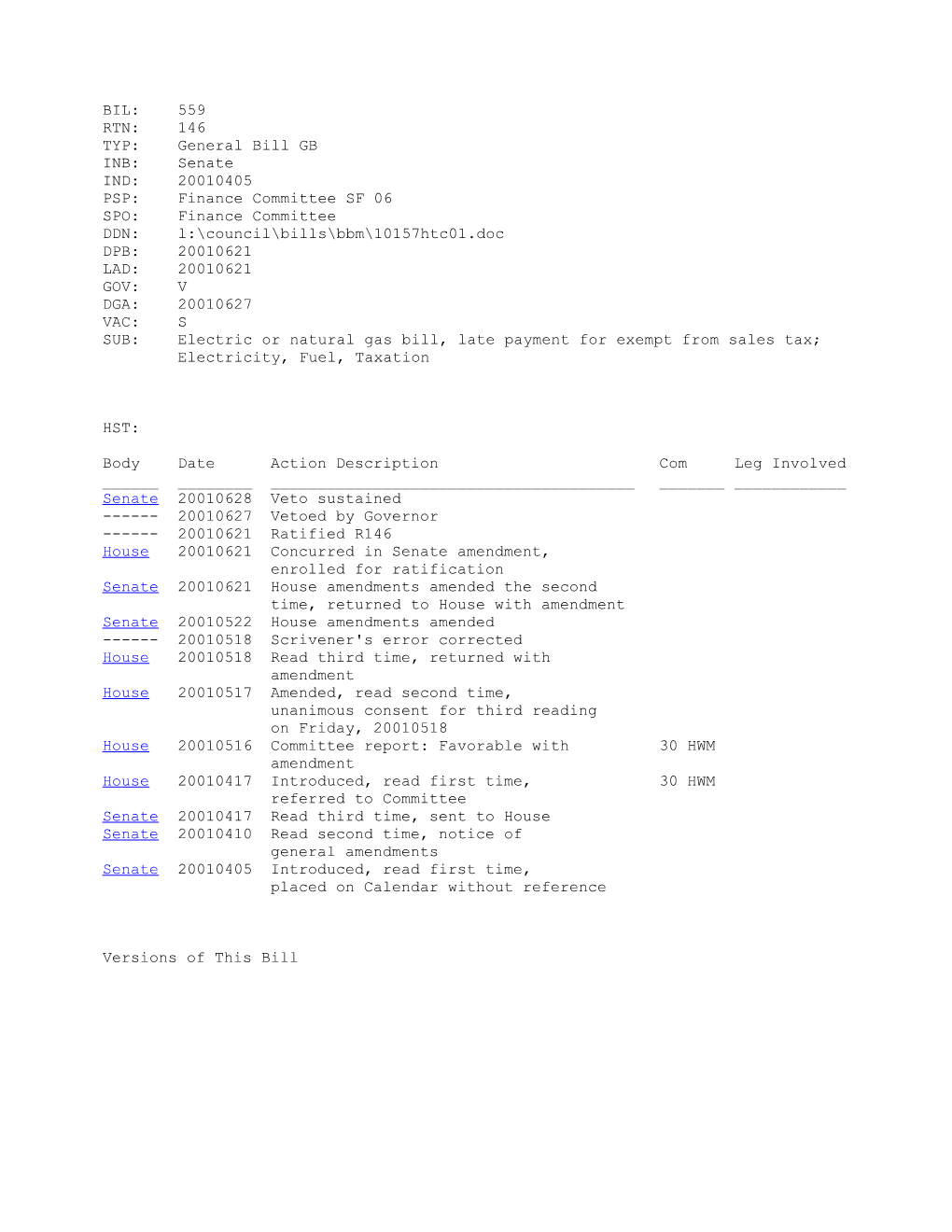 2001-2002 Bill 559: Electric Or Natural Gas Bill, Late Payment for Exempt from Sales Tax;