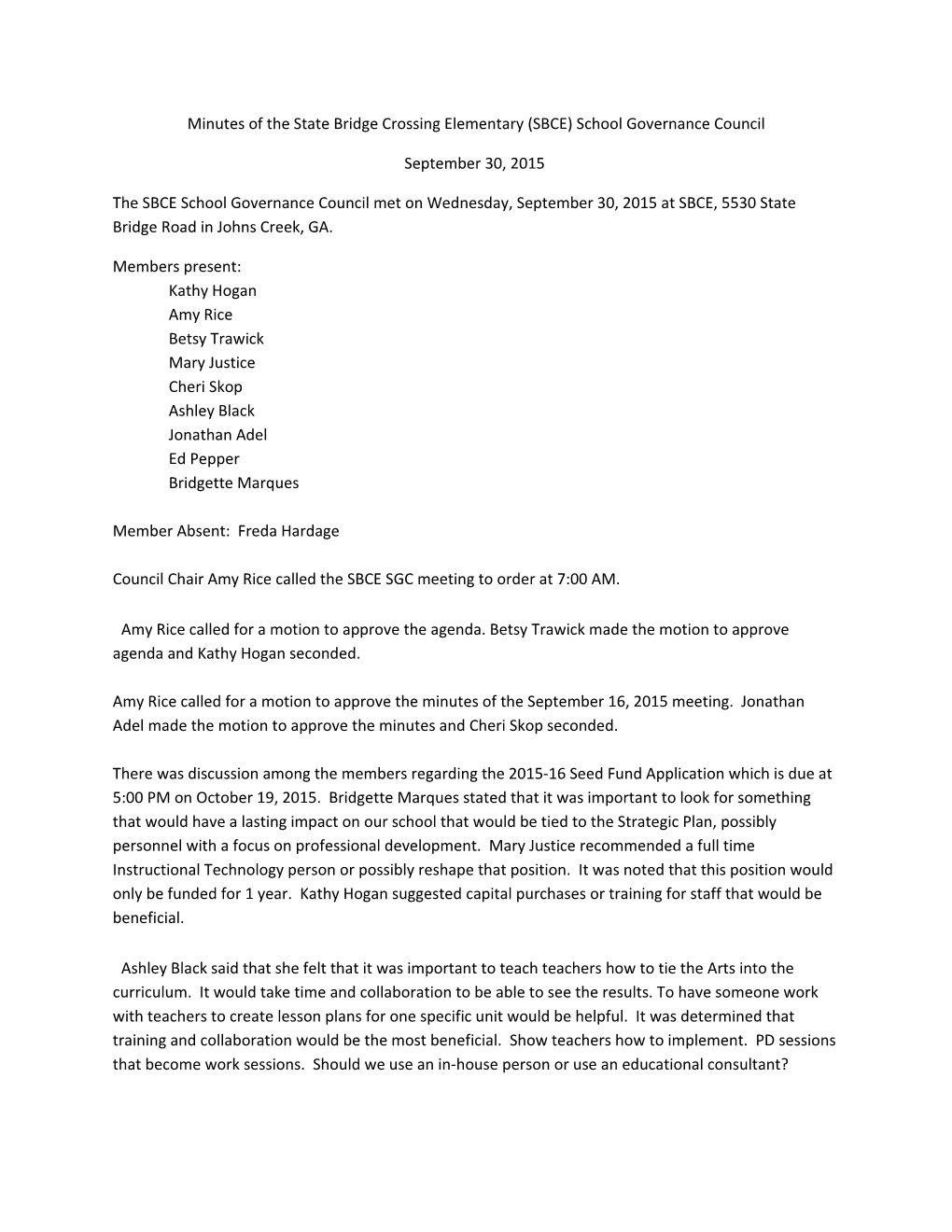 Minutes of the State Bridge Crossing Elementary (SBCE) School Governance Council s1