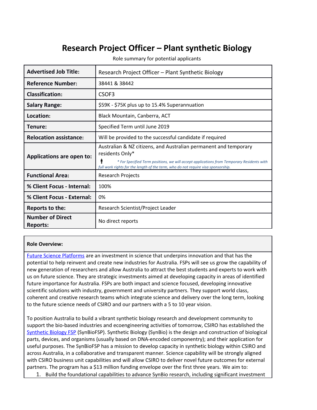 Research Project Officer Plant Synthetic Biology