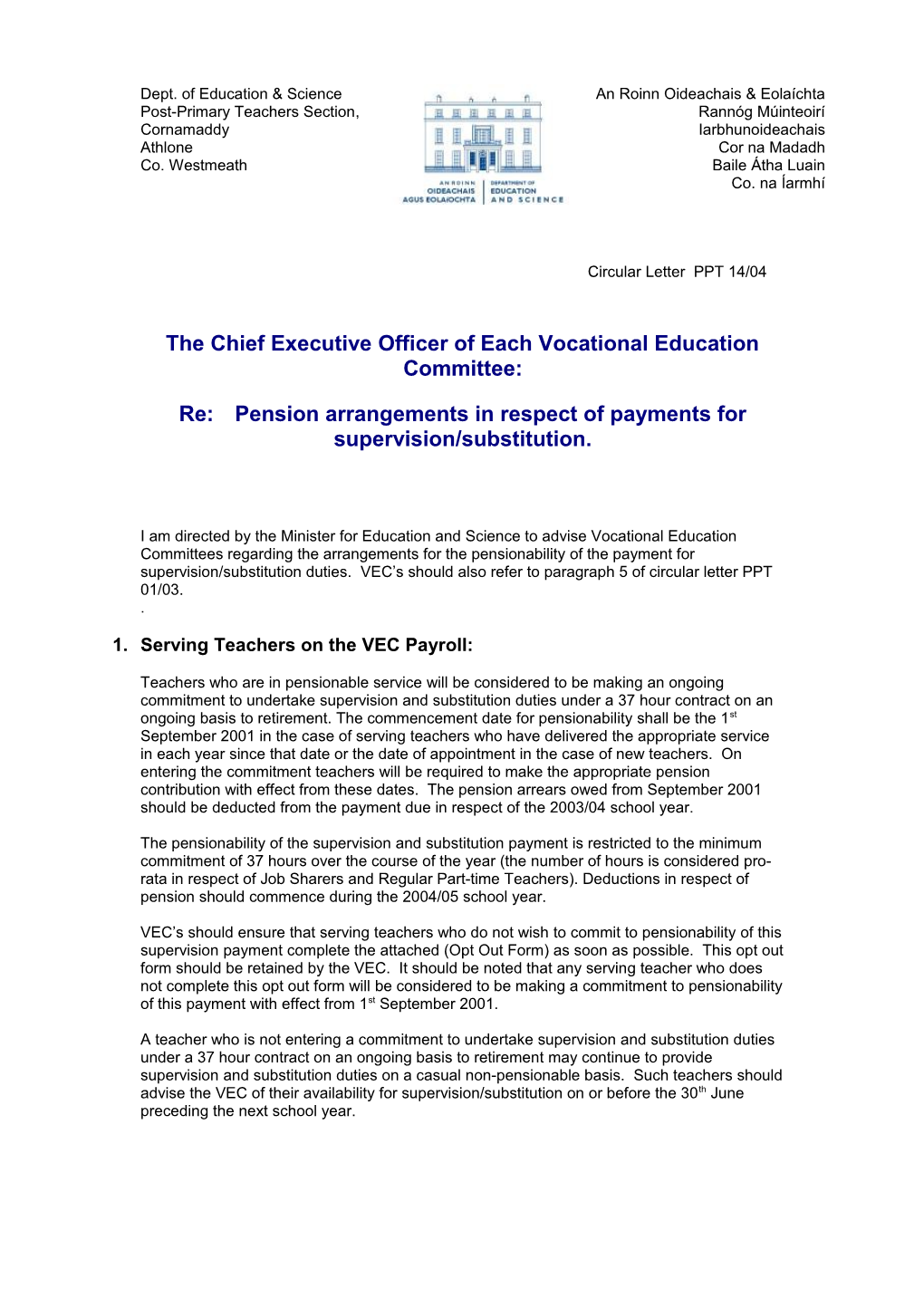 Vocational Education Committee - Circular PPT 14/04 - Pension Arrangements in Respect Of