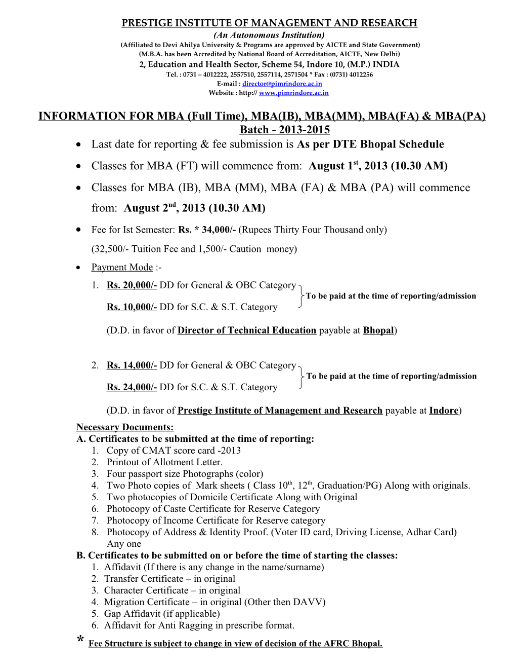INFORMATION for MBA (Part Time) 2009-2012 Batch