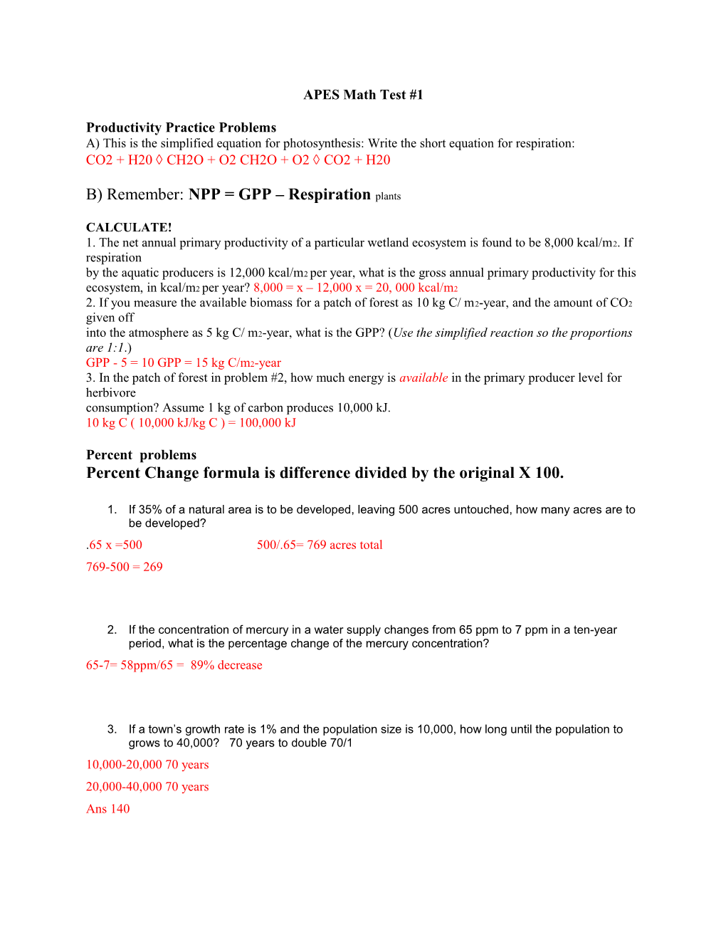 APES: Doubling Time (Using the Rule of 70) Calculations