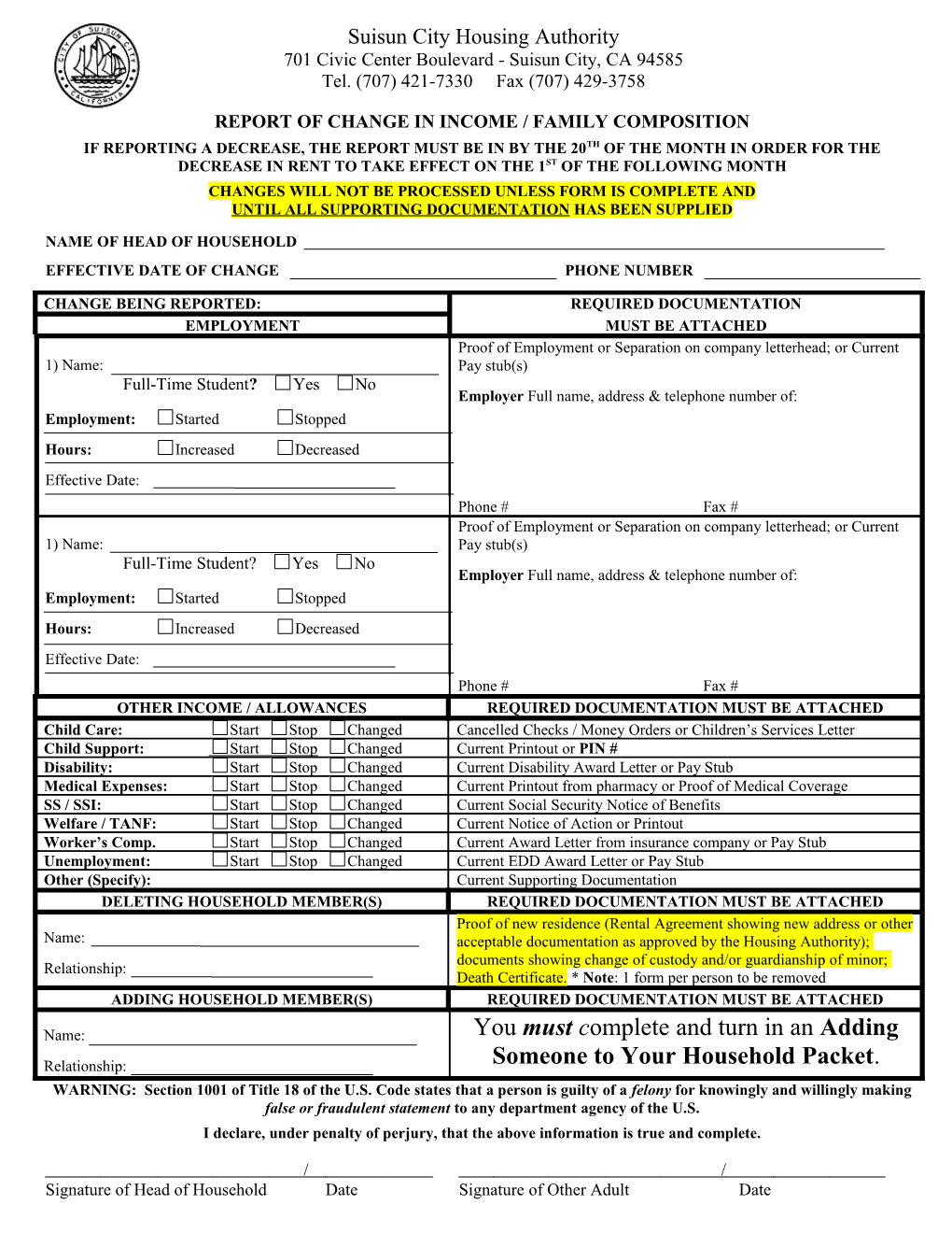 Report of Change in Income / Family Composition