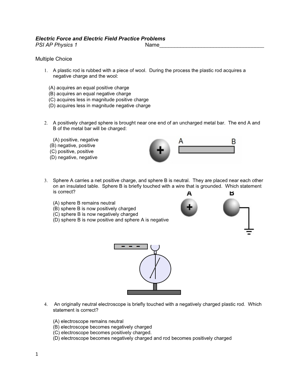 Electric Force and Electric Field Practice Problems