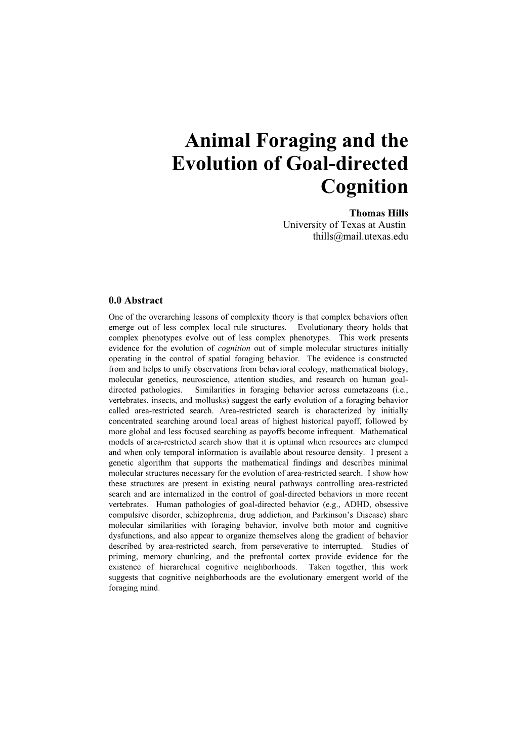 Animal Foraging and the Evolution of Goal-Directed Cognition