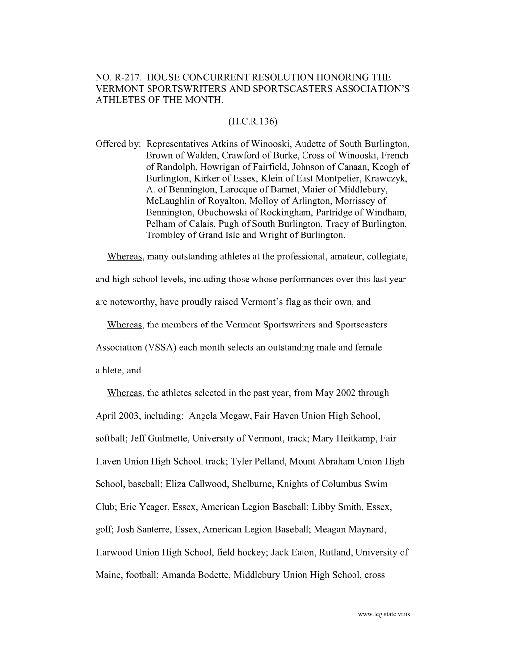 NO. R-217. House Concurrent Resolution Honoring the Vermont Sportswriters and Sportscasters