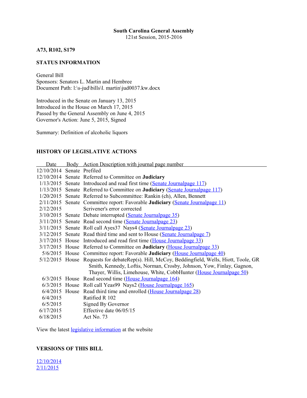 2015-2016 Bill 179: Definition of Alcoholic Liquors - South Carolina Legislature Online