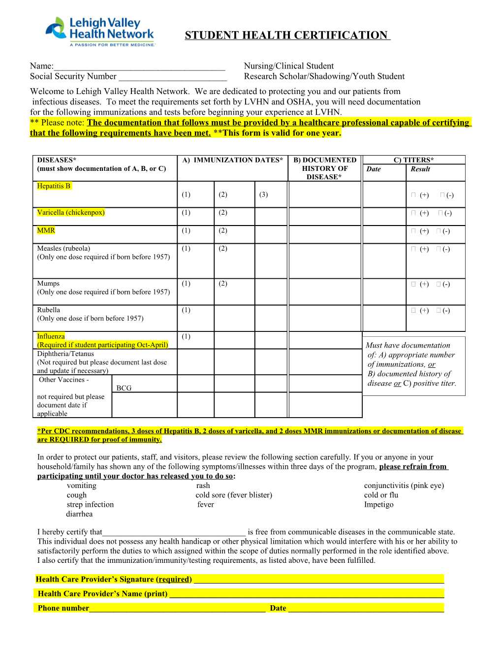 Student Health Certification