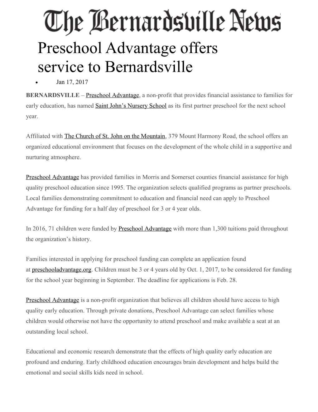 Preschool Advantage Offers Service to Bernardsville
