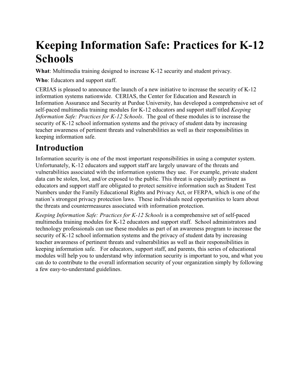 Keeping Information Safe: Practices for K-12 Schools