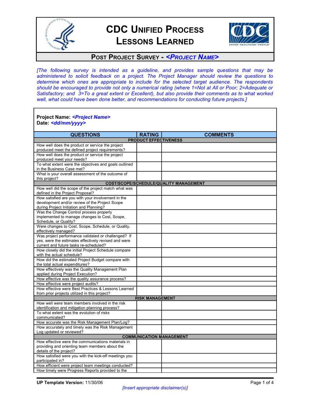 Lessons Learned Post Project Survey