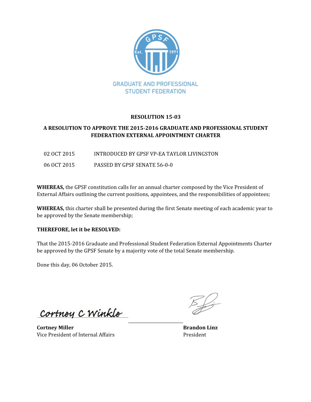A Resolution to Approve the 2015-2016 Graduate and Professional Student Federation External