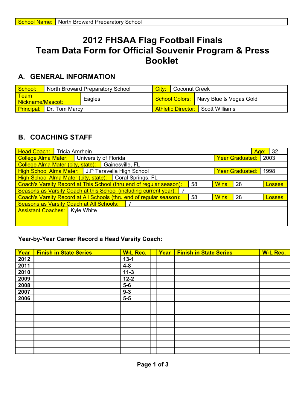 Team Data Form for Official Souvenir Program & Press Booklet