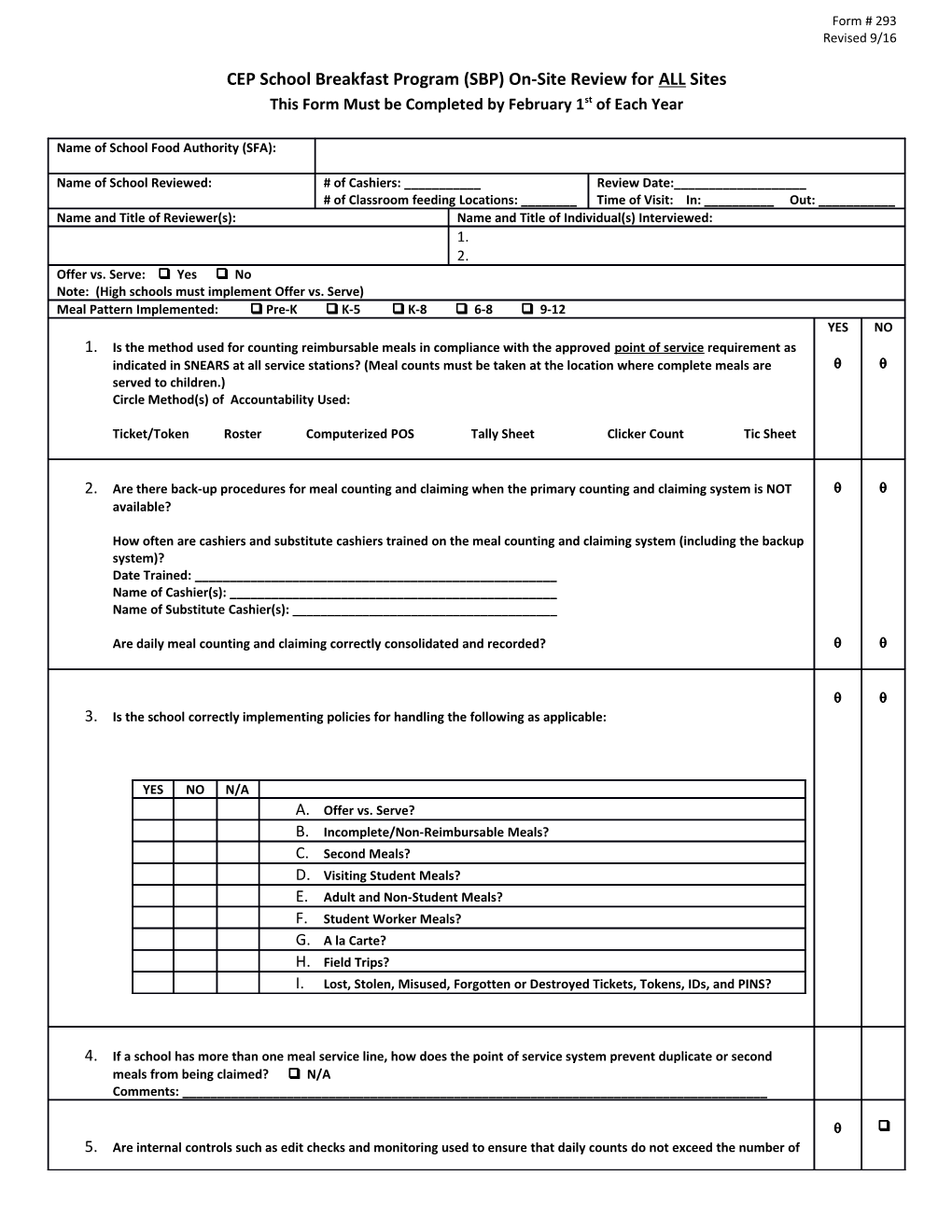 CEP School Breakfast Program (SBP) On-Site Review for ALL Sites