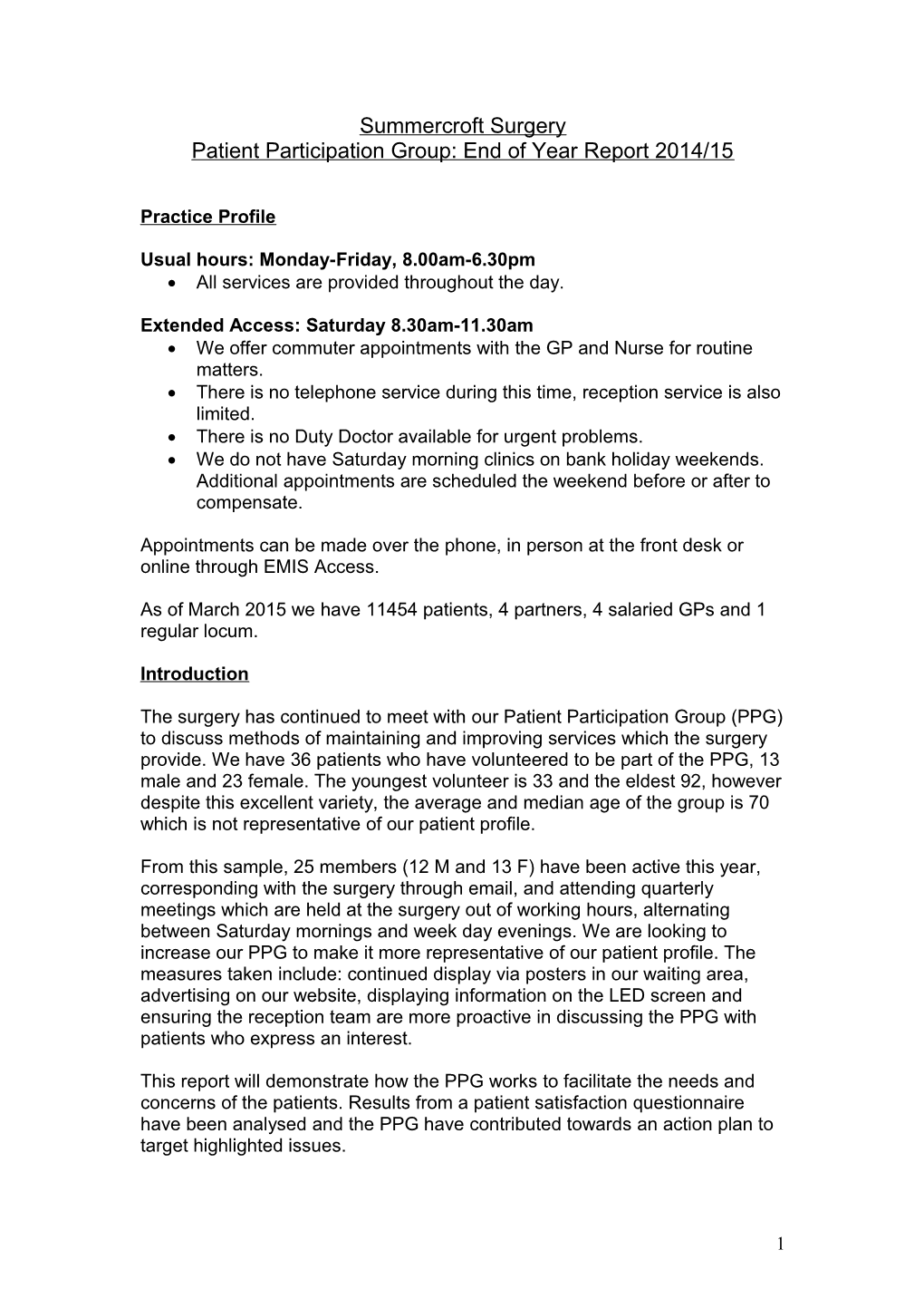 Patient Participation Group:End of Year Report 2014/15