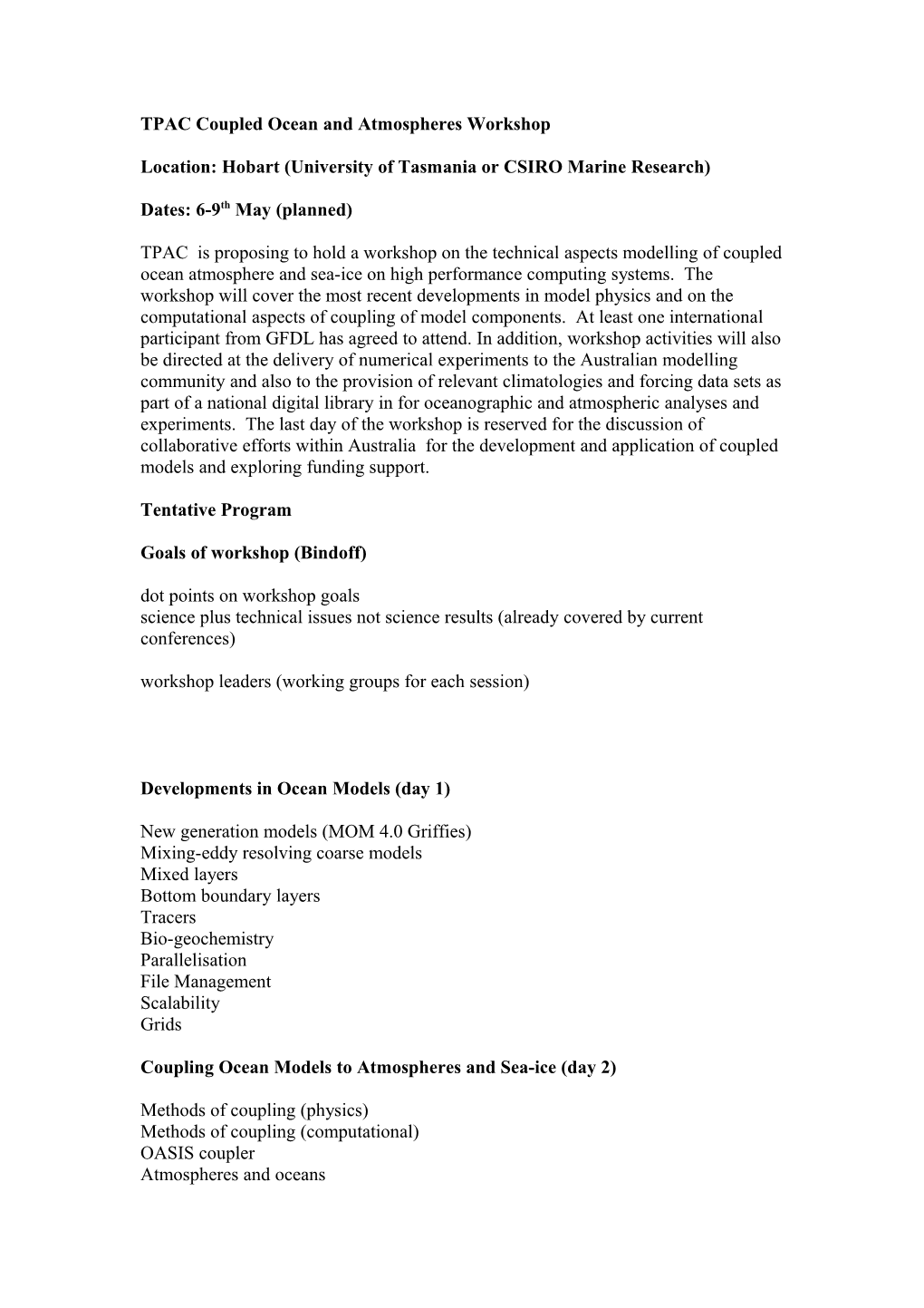 TPAC Coupled Ocean and Atmospheres Workshop