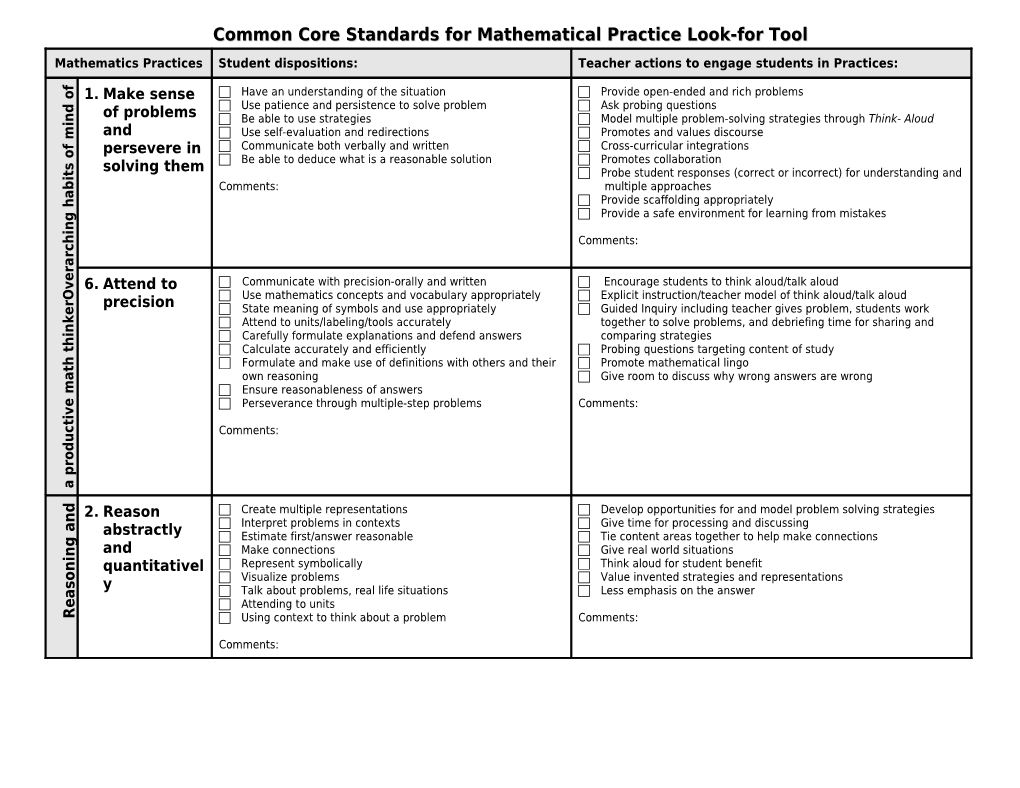 Common Core Standards for Mathematical Practice Look-For Tool