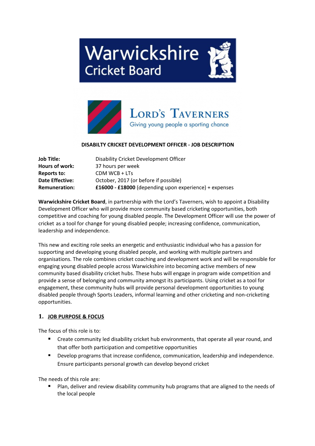 Disabilty Cricket Development Officer - Job Description
