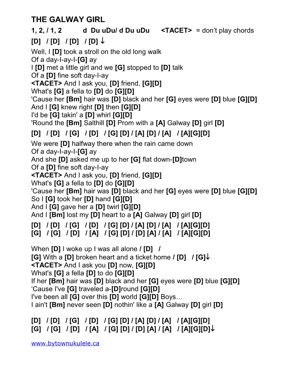 1, 2, / 1, 2 D Du Udu/ D Du Udu TACET&gt; = Don T Play Chords