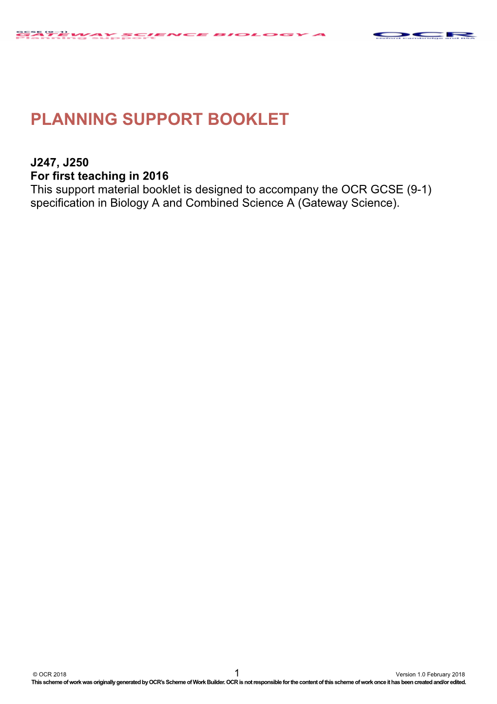OCR GCSE (9 1) in Biology a Gateway) Support Booklet (Planning Support)