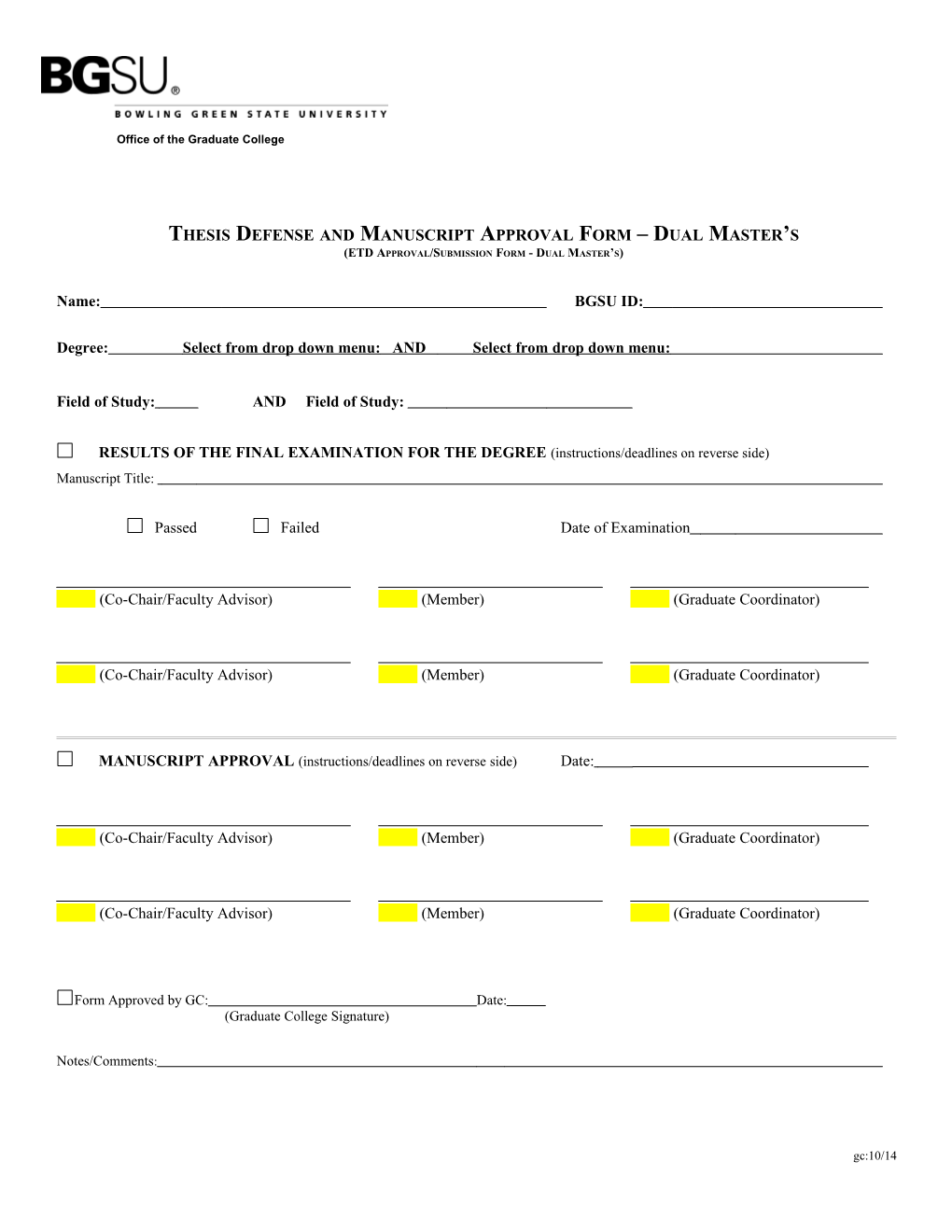 ETD Approval/Submission Form Dual Master's
