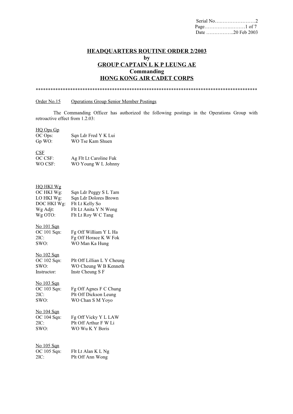 Headquarters Routine Order 2/2003