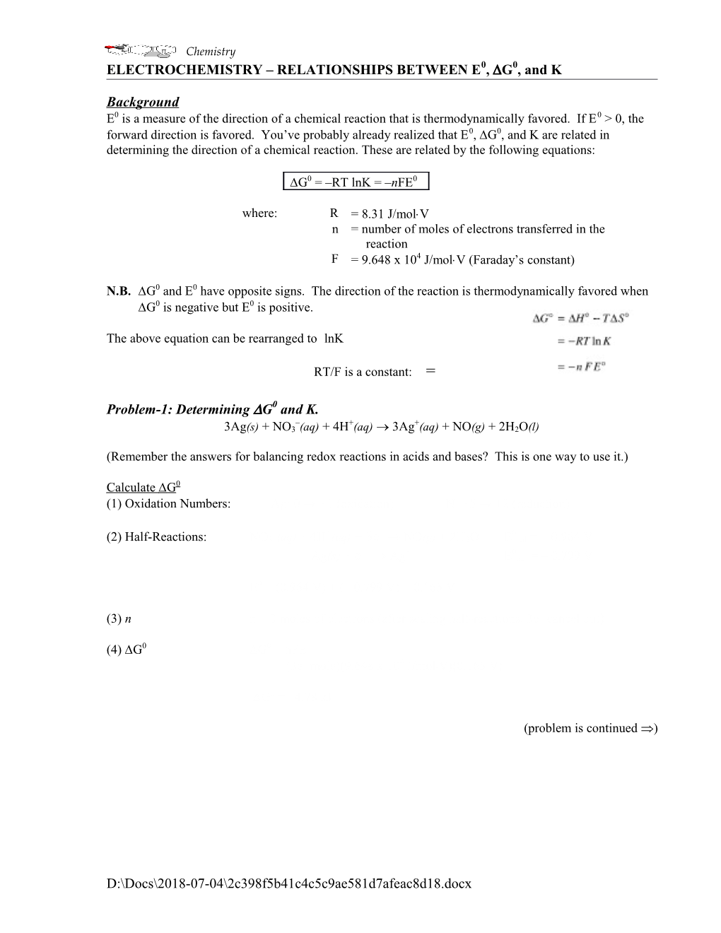 ELECTROCHEMISTRY RELATIONSHIPS BETWEEN E0, G0, and K