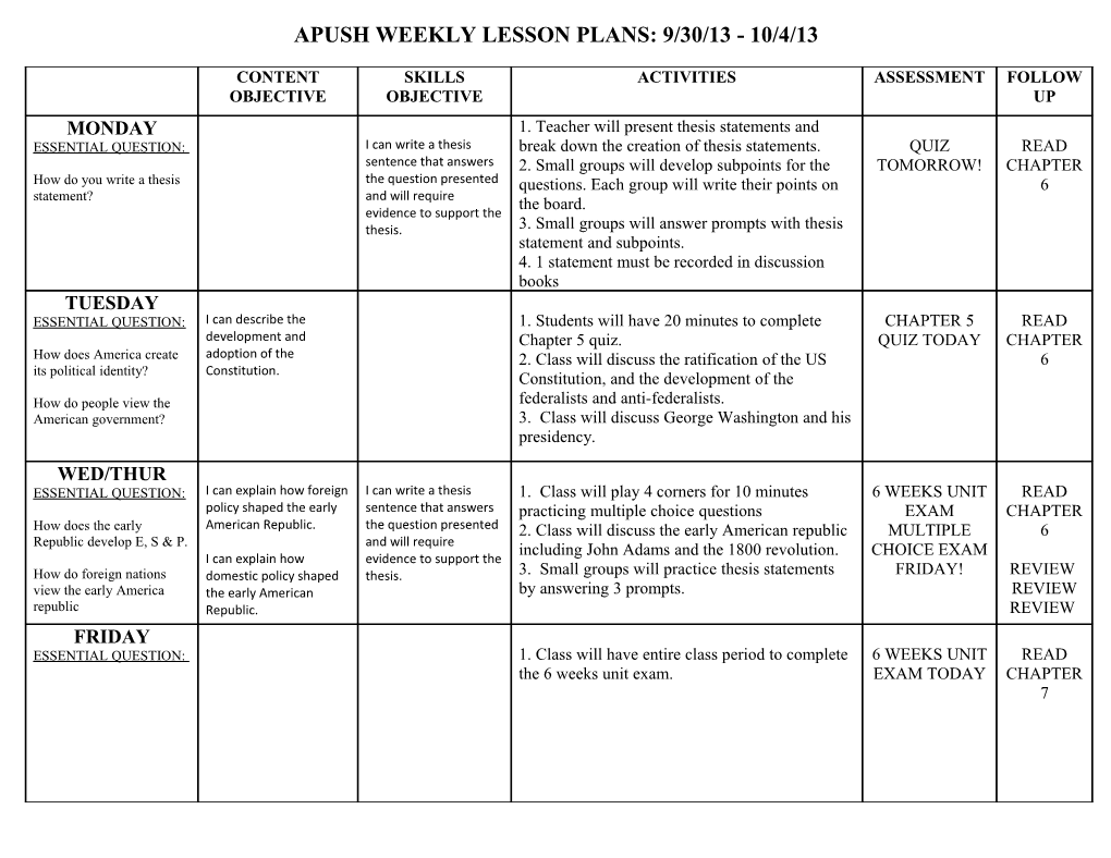 Apush Weekly Lesson Plans