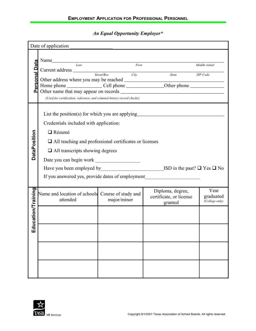 Sample Employment Application for Professional Personnel