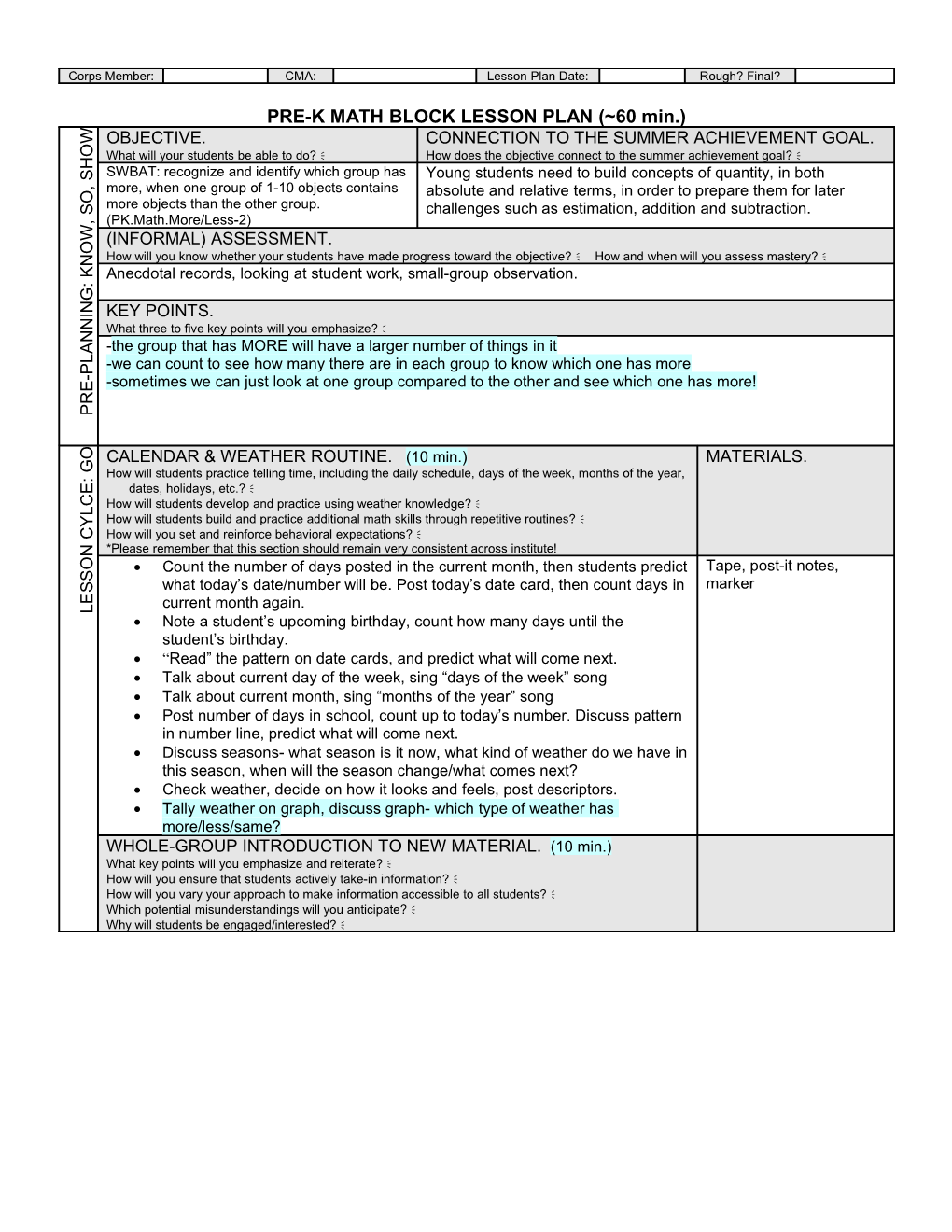 PRE-K MATH BLOCK LESSON PLAN ( 60 Min.)