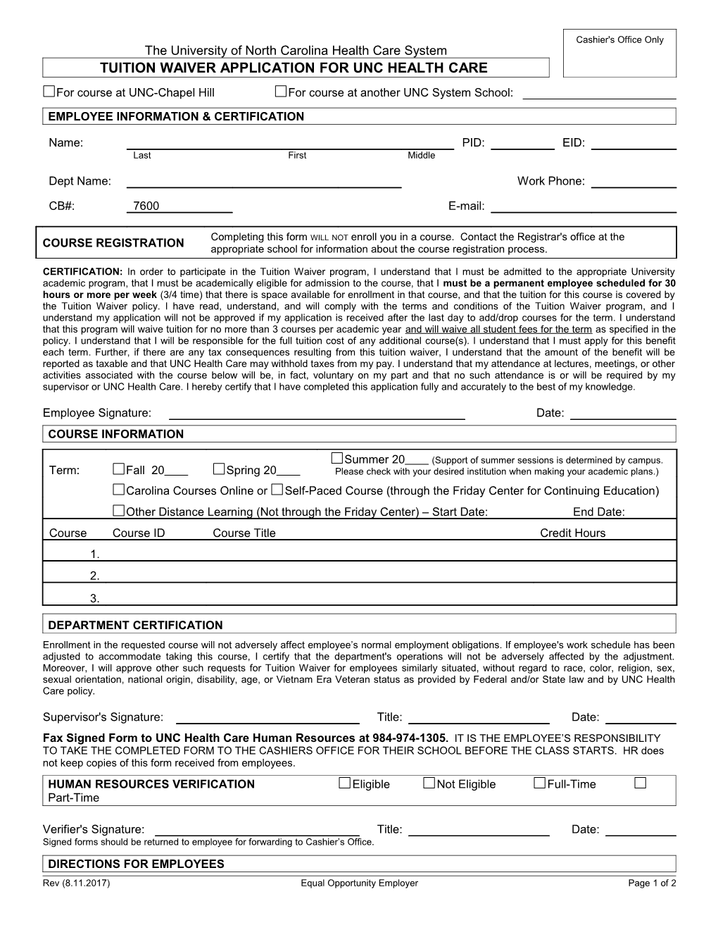 UNC Chapel Hill Tuition Waiver Form