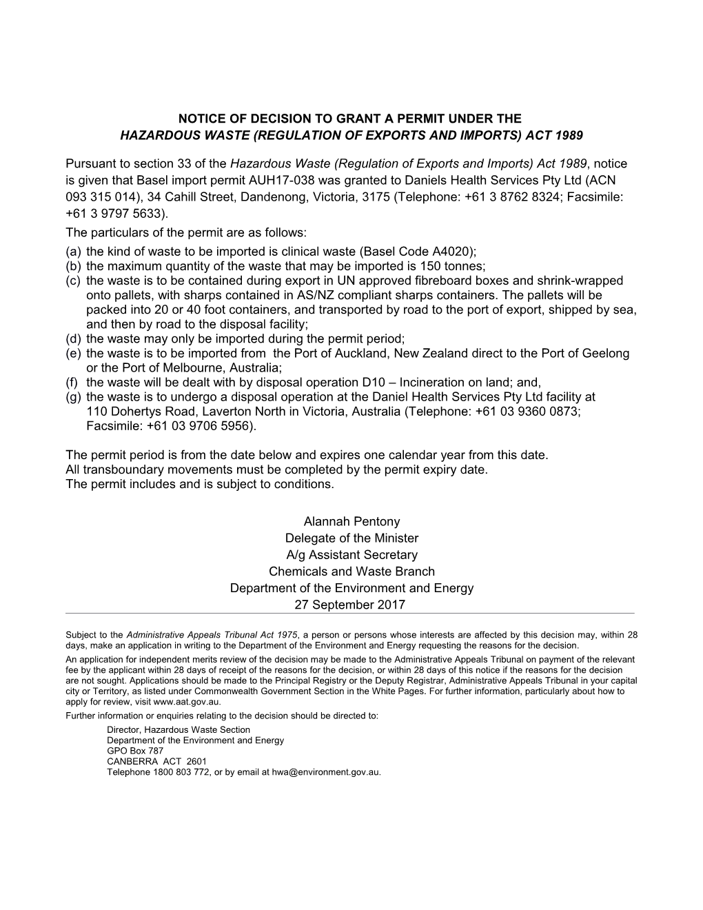 Notice of Decision to Grant a Permit to Daniels Health Services Pty Ltd to Import Cytotoxic