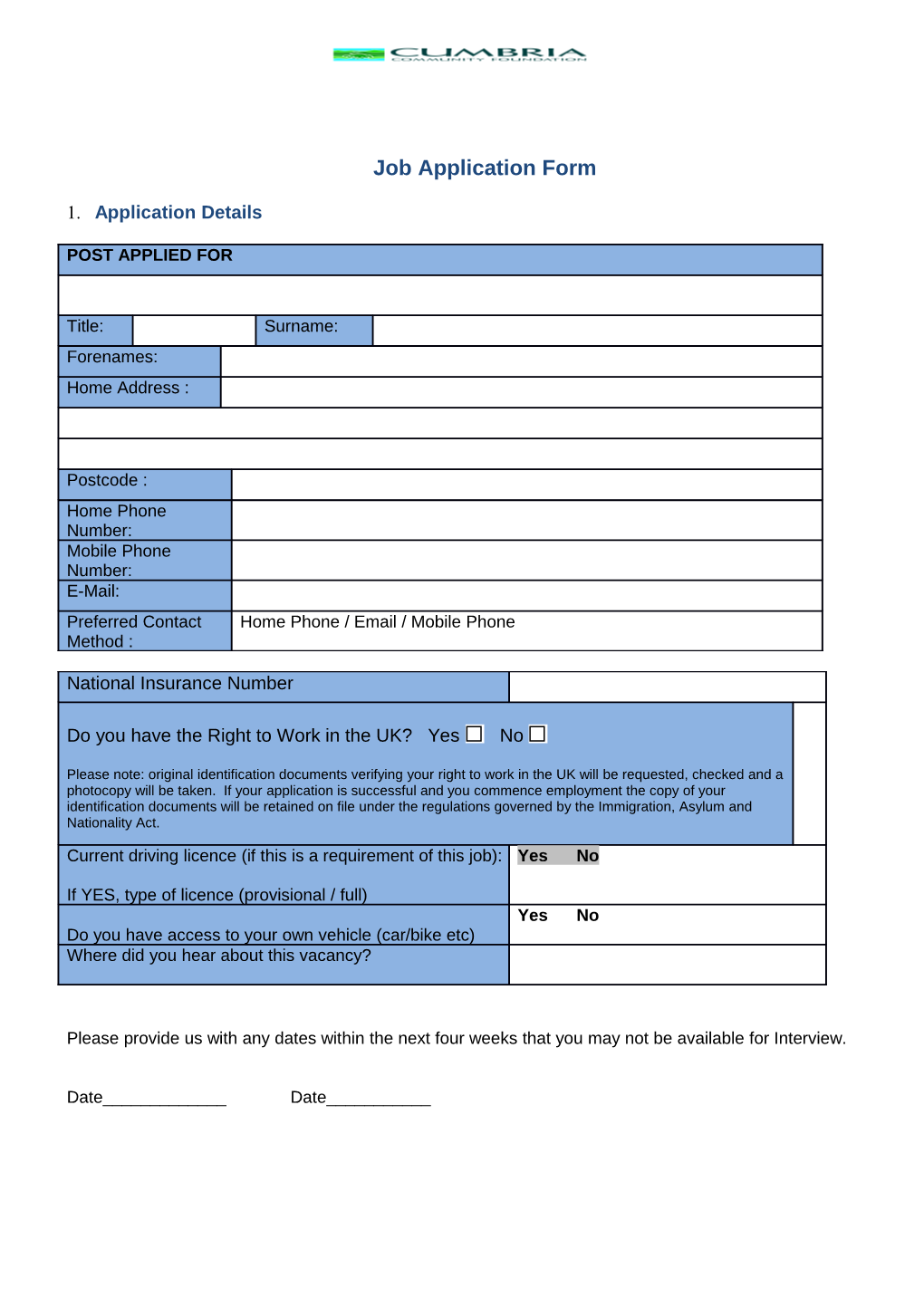 Job Application Form s6