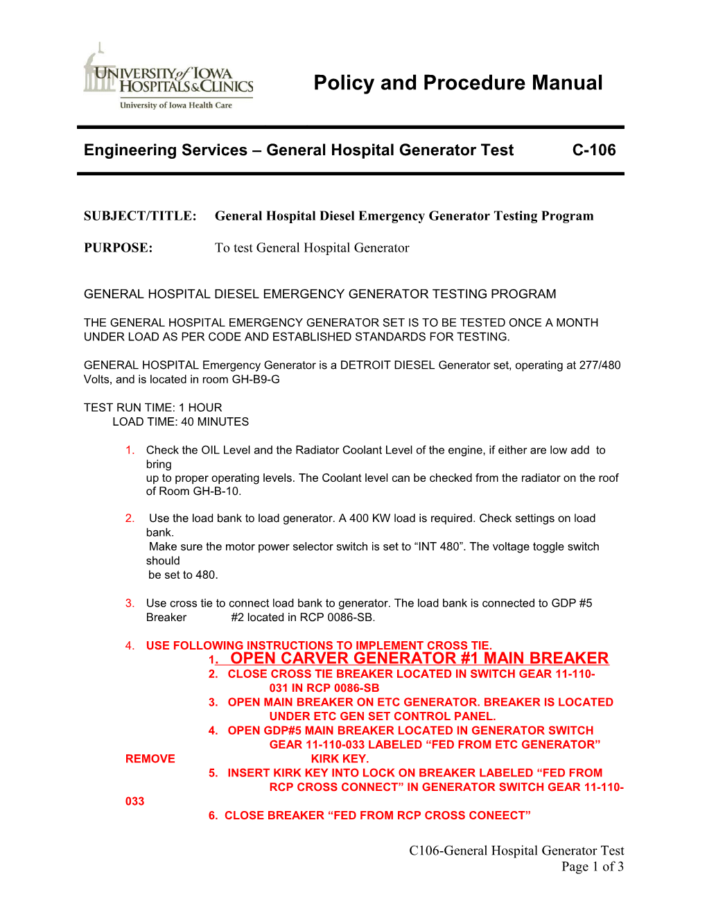 General Hospital Diesel Emergency Generator Testing Program