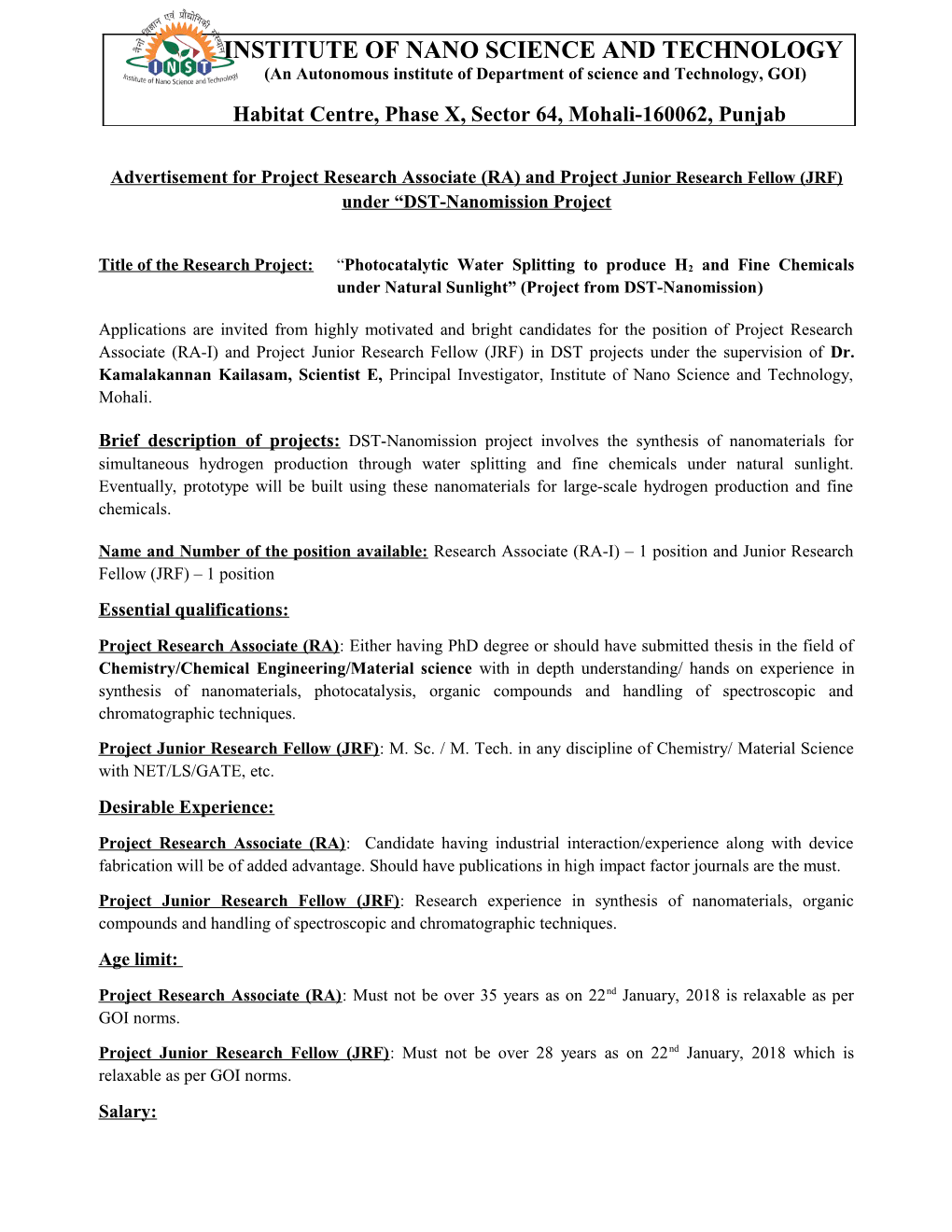 Advertisement for Project Research Associate (RA) and Project Junior Research Fellow (JRF)