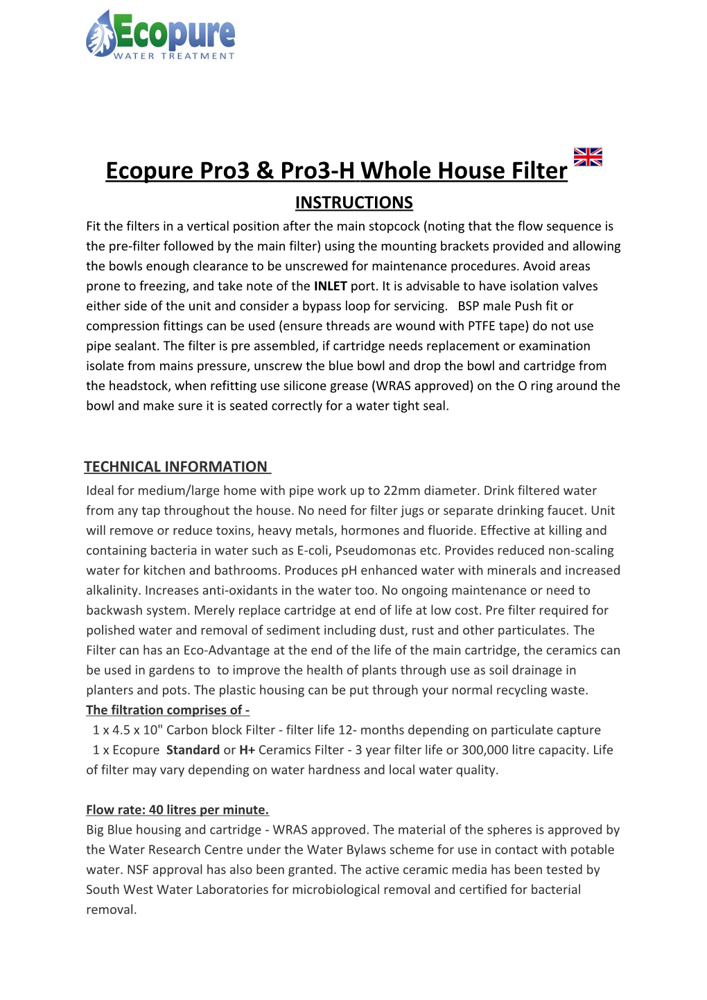 Ecopure Pro3 & Pro3-Hwhole House Filter