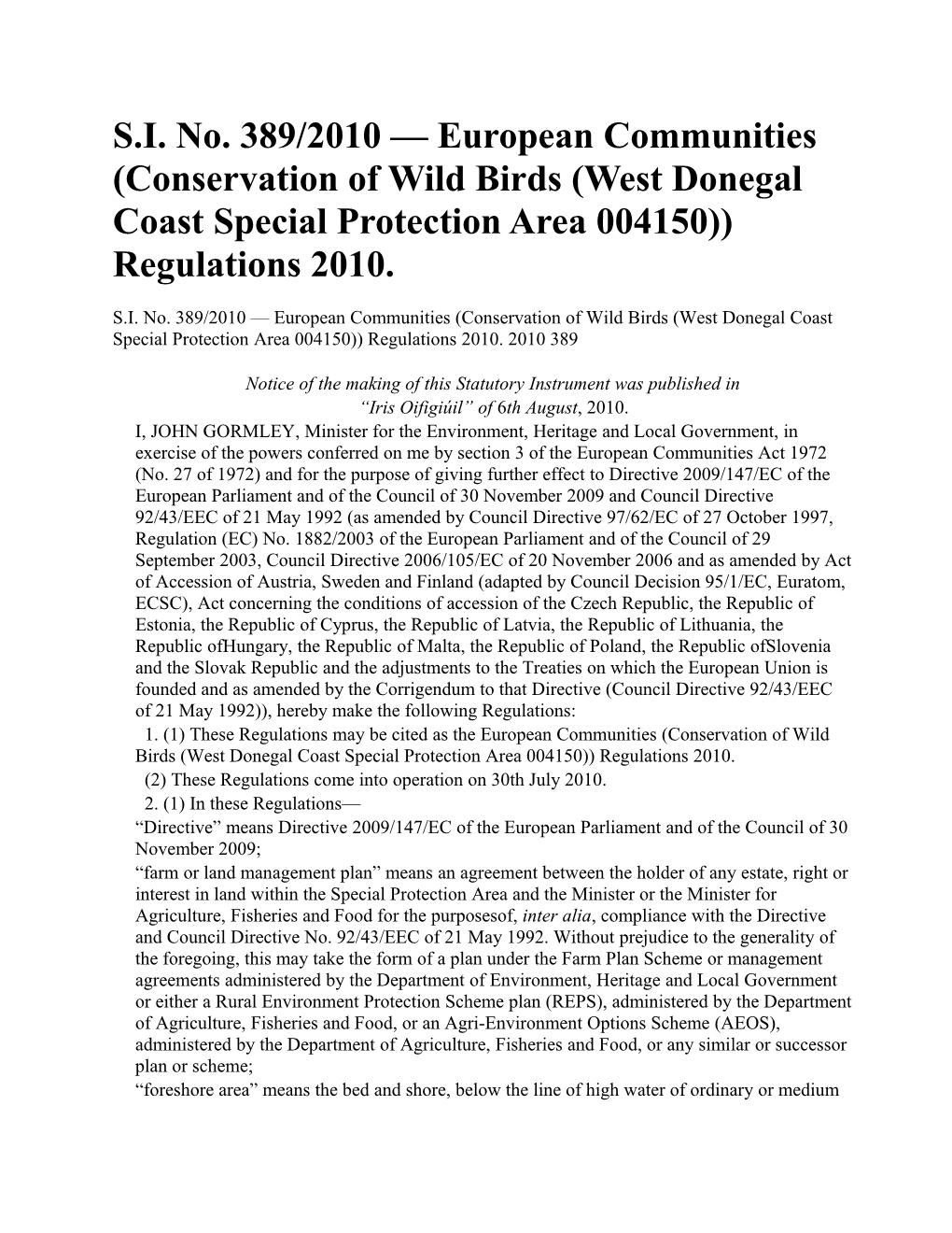 S.I. No. 389/2010 European Communities (Conservation of Wild Birds (West Donegal Coast