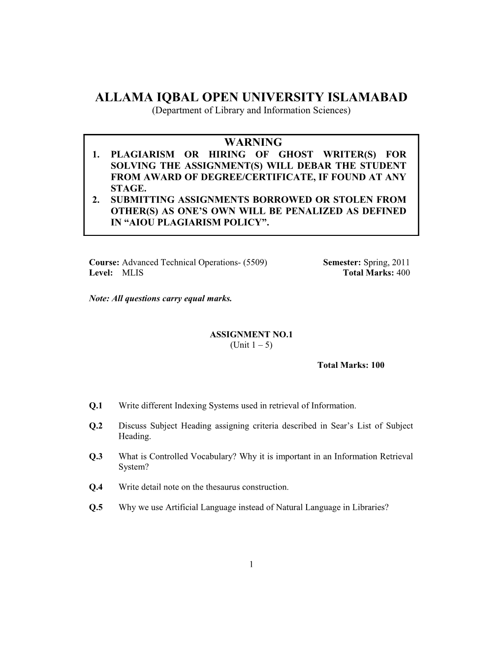 Allama Iqbal Open University Islamabad s1