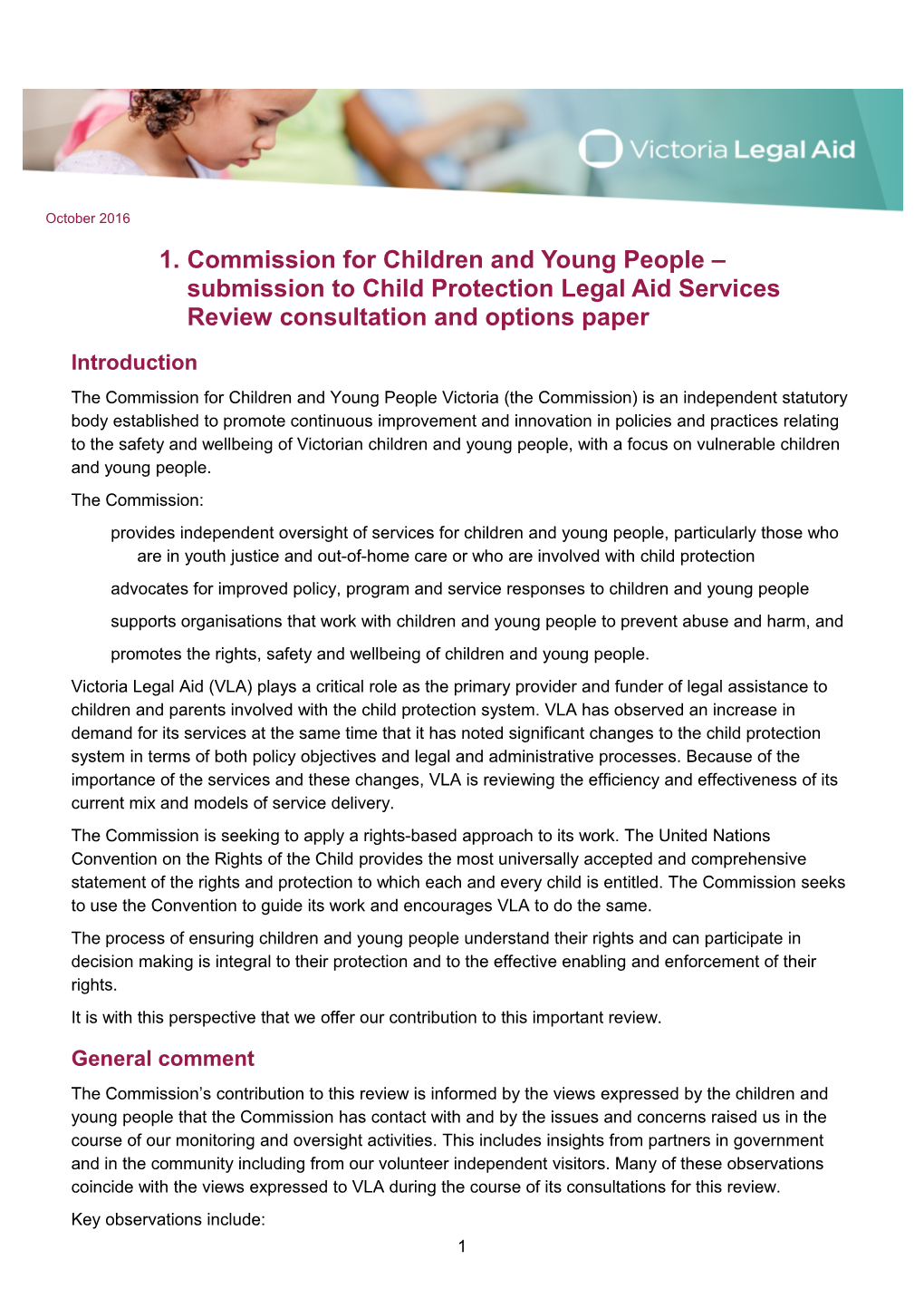 Child Protection Legal Aid Services Review Consultation and Options Paper Response Commission