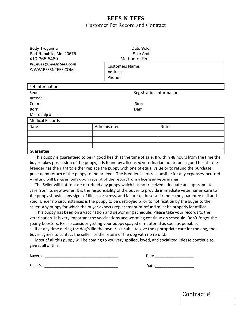 Customer Pet Record and Contract