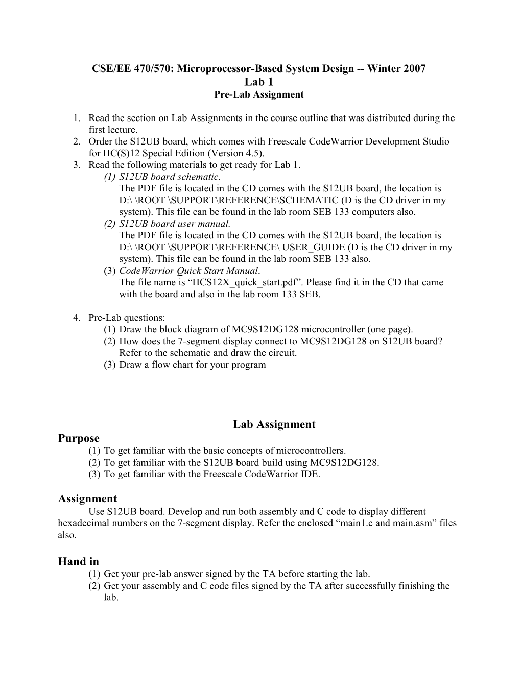 Embedded Systems Lab Freescale Semiconductor S12ub Prelab Exper